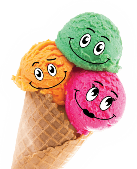 An ice cream cone with three smiling balls
